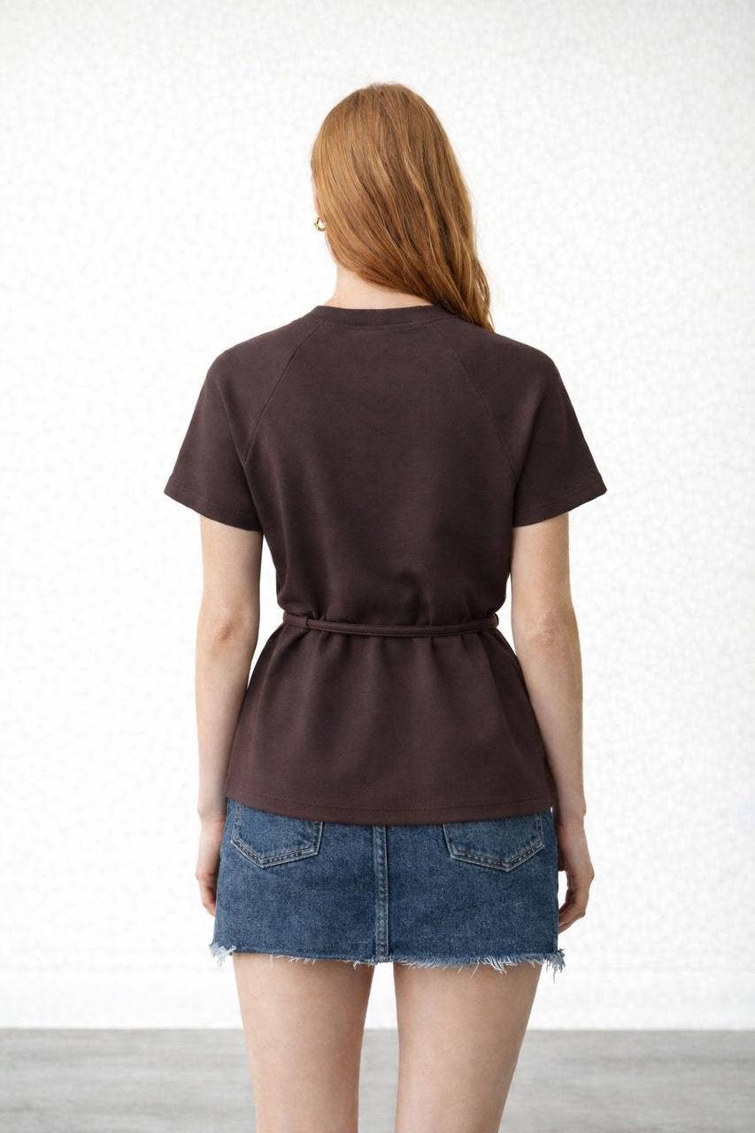 BLYTE Raglan Belted Peplum Top: Brown