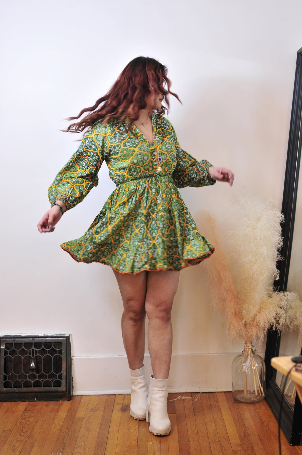 DALIA SHORT DRESS 100%  FOREST GREEN / S/M - M/L