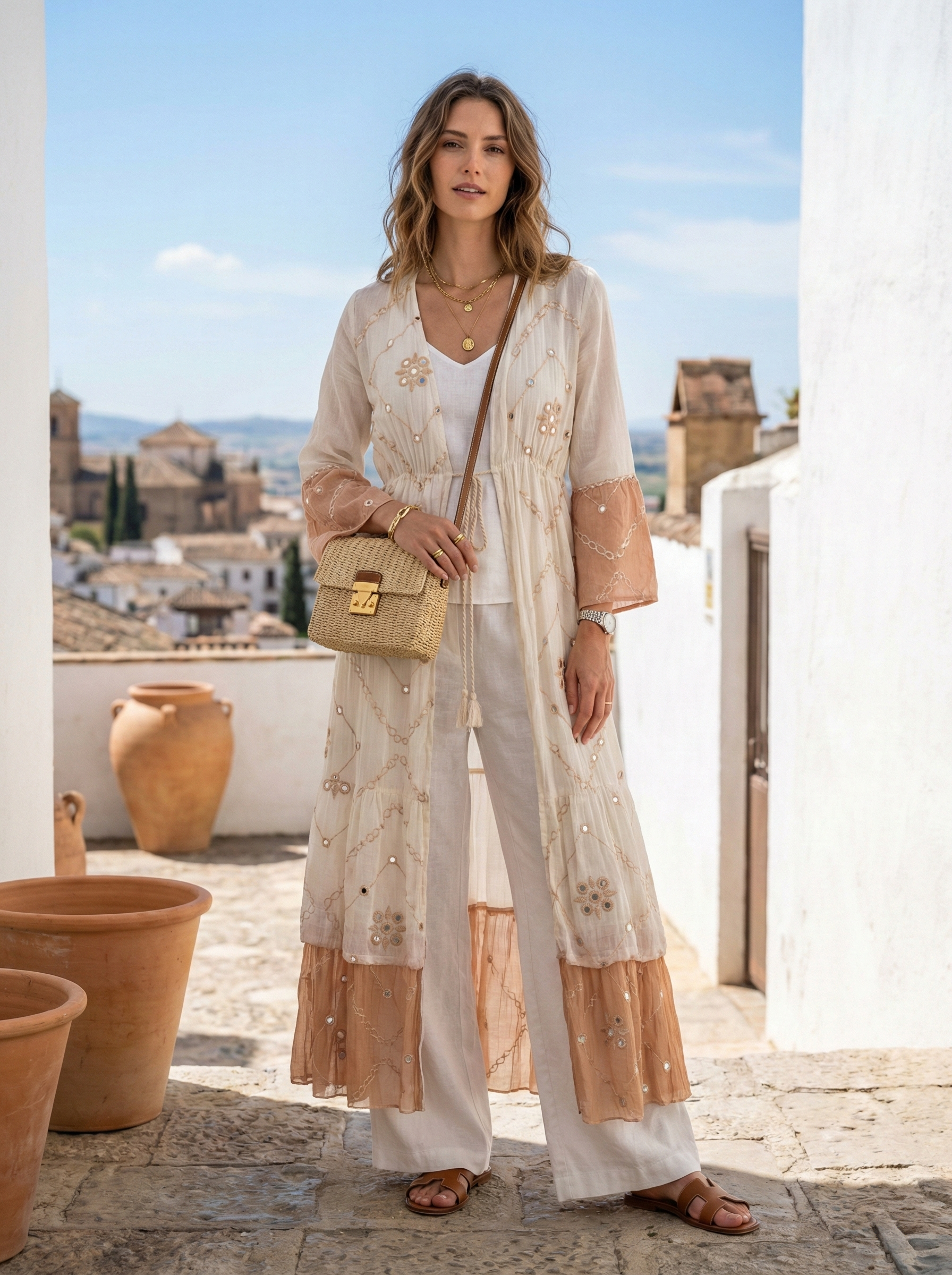 LEANNE LONG KIMONO 100% COTTON, EMBROIDERED WITH SMALL MIRRORS: (PINK - AQUA GREEN - BEIGE) / S/M - M/L