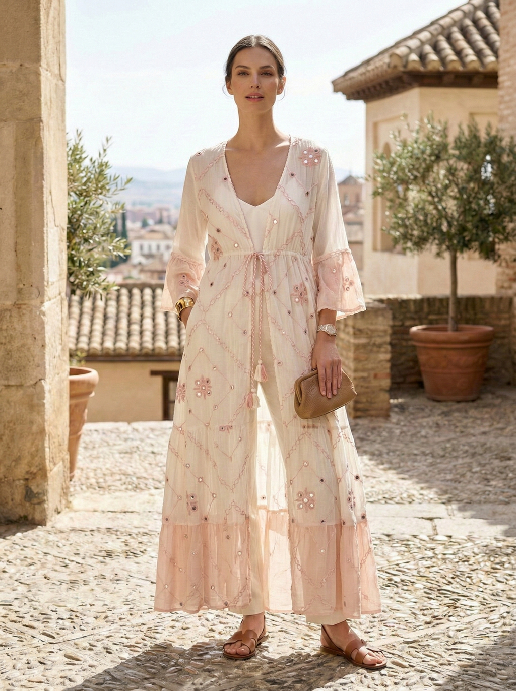 LEANNE LONG KIMONO 100% COTTON, EMBROIDERED WITH SMALL MIRRORS: (PINK - AQUA GREEN - BEIGE) / S/M - M/L