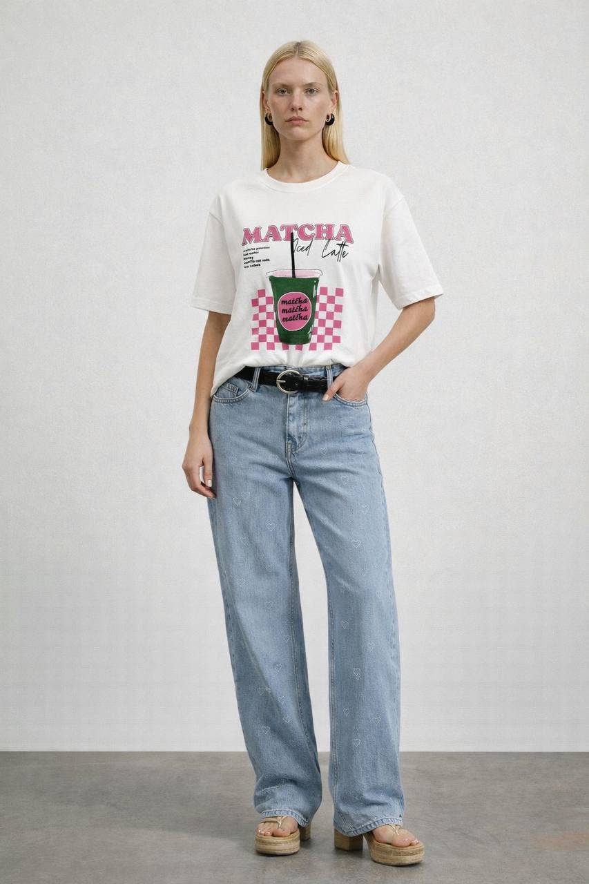 Matcha Print Cotton T-shirts: White