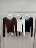 YNA TOP Double V-Neck Lace Trim Tops: Black