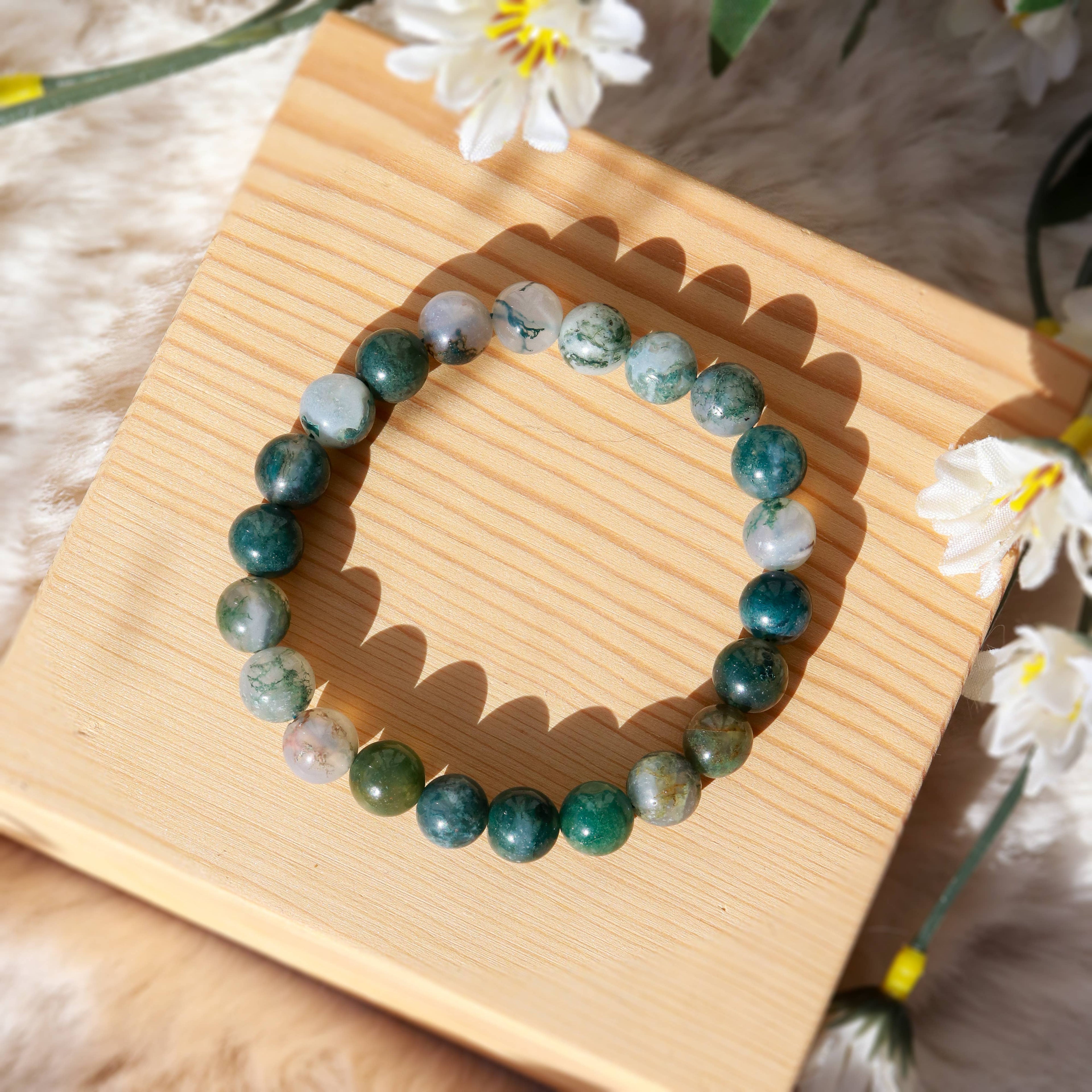 Moss Agate Round Beaded Bracelet 8 mm