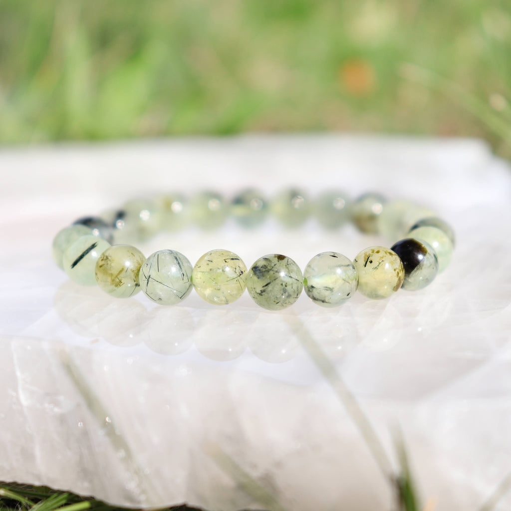 Epidote In Prehnite with Black Tourmaline Beaded Bracelet 8 mm