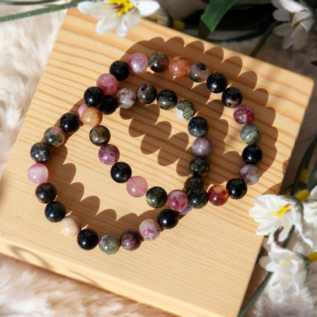 Watermelon Tourmaline Round Beaded Bracelet  8 mm