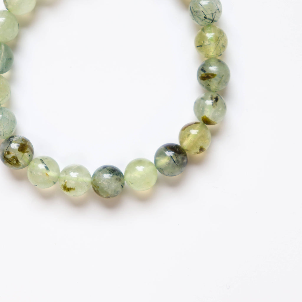 Epidote In Prehnite with Black Tourmaline Beaded Bracelet 8 mm