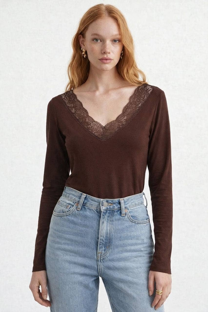 YNA TOP Double V-Neck Lace Trim Tops: Choco Brown