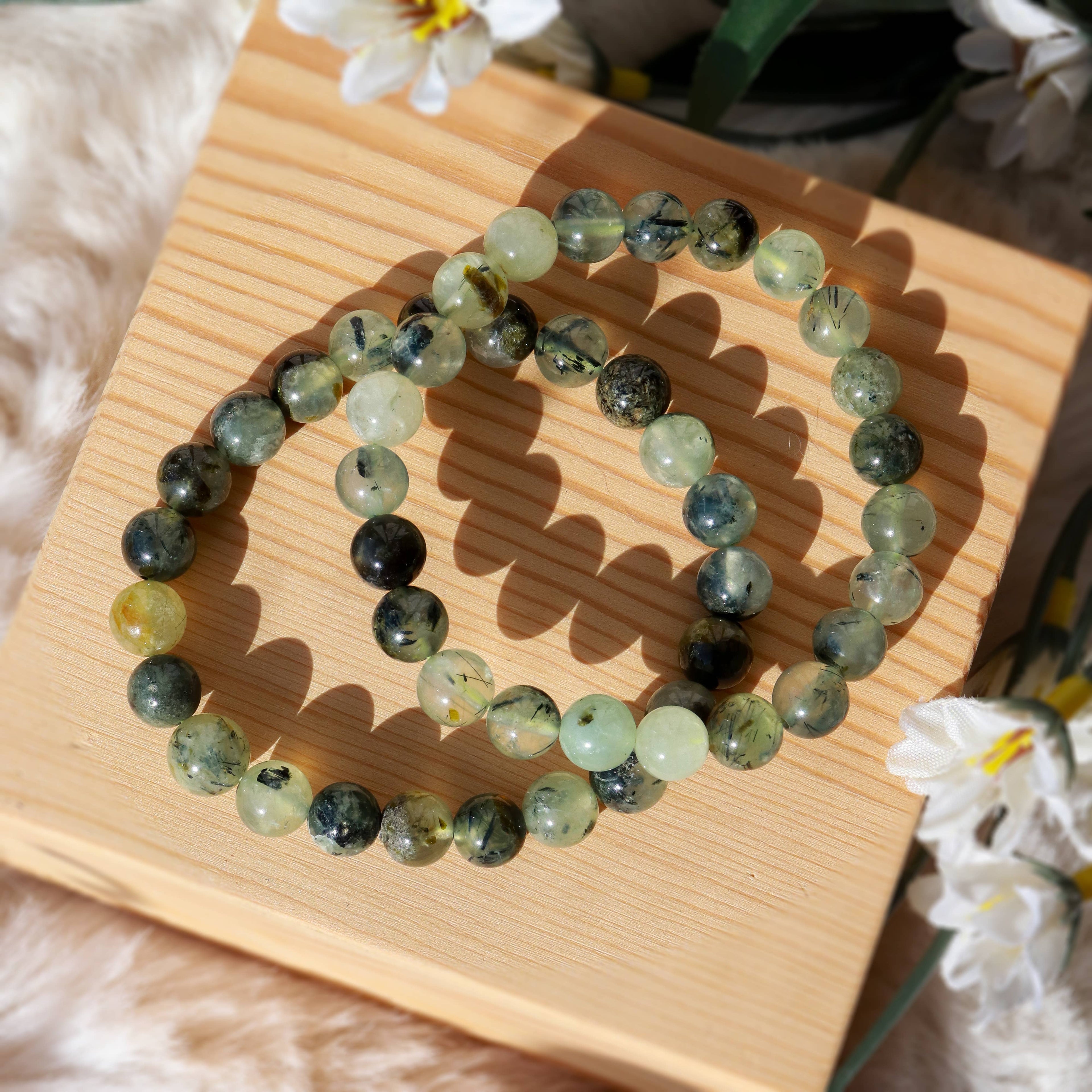 Epidote In Prehnite with Black Tourmaline Beaded Bracelet 8 mm