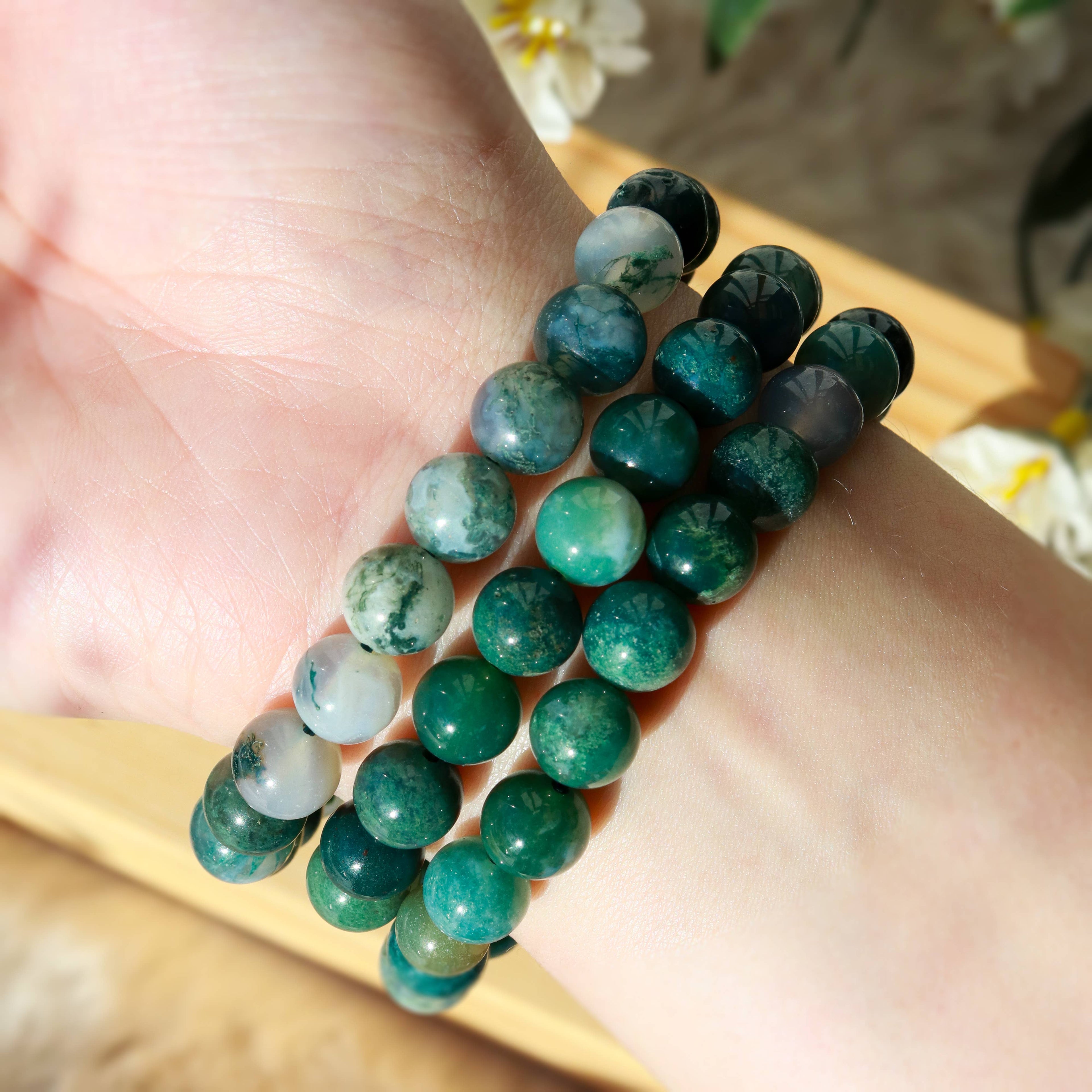 Moss Agate Round Beaded Bracelet 8 mm