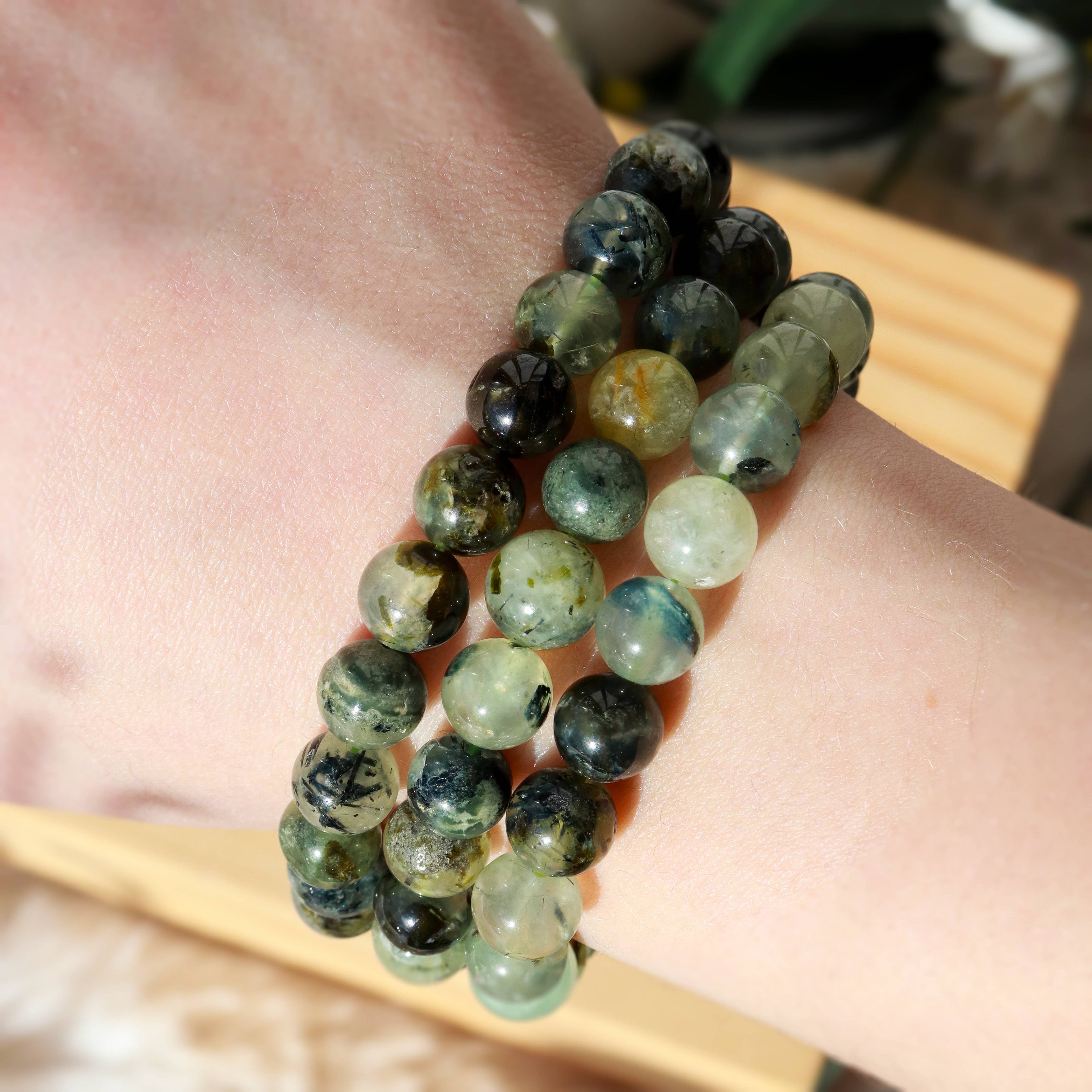 Epidote In Prehnite with Black Tourmaline Beaded Bracelet 8 mm
