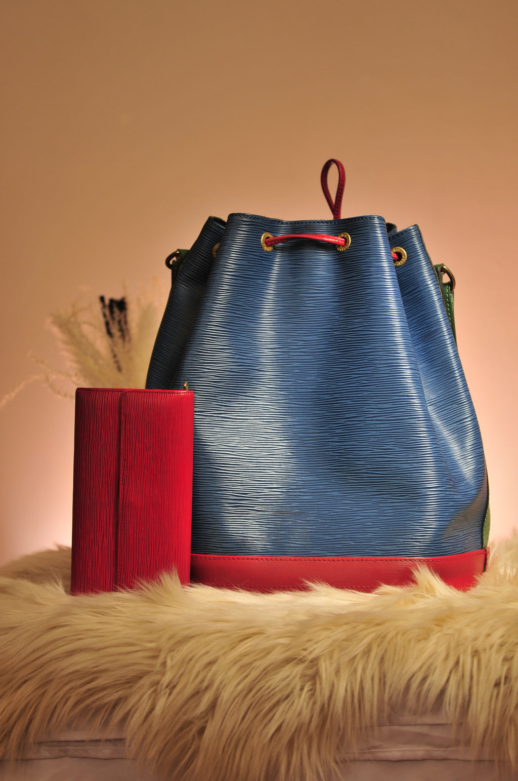 Louis Vuitton Tricolor Epi Leather Bucket Bag Paired with Epi Leather Red Leather Long Wallet