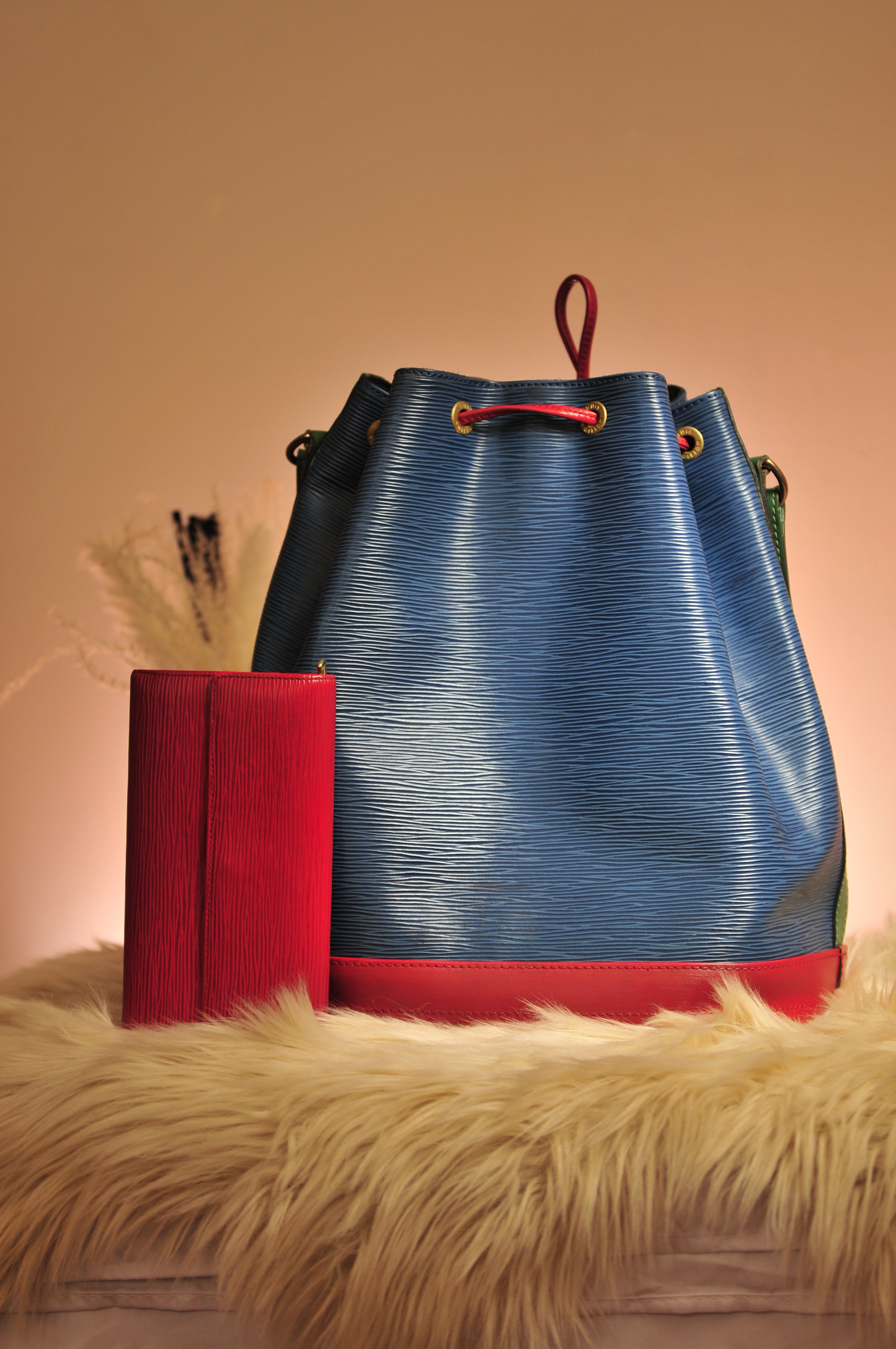 Louis Vuitton Tricolor Epi Leather Bucket Bag Paired with Epi Leather Red Leather Long Wallet