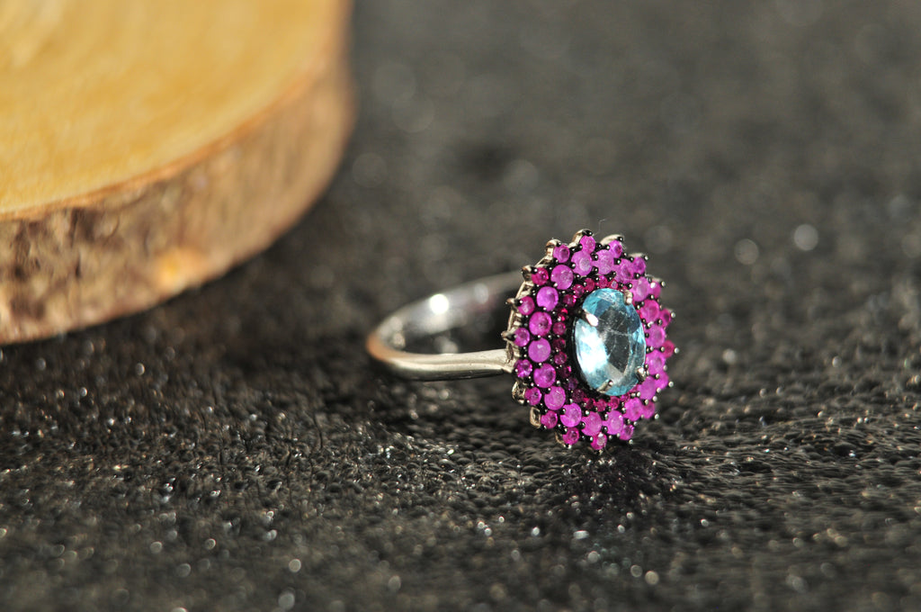 Ruby Aquamarine Ring in 925 Sterling Silver Size 7