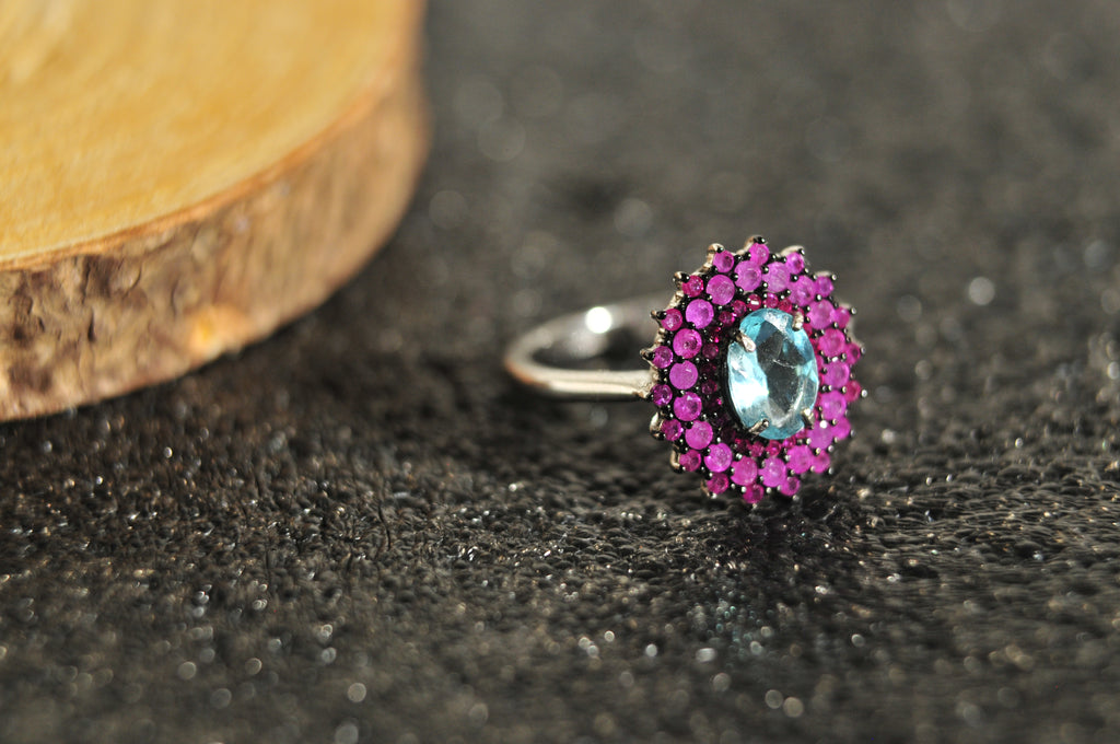 Ruby Aquamarine Ring in 925 Sterling Silver Size 7