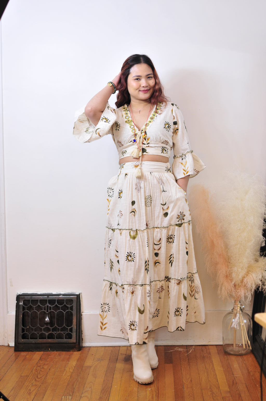 SENAYA PAIR UP | Hand-embroidered bohemian set: Beige / One size