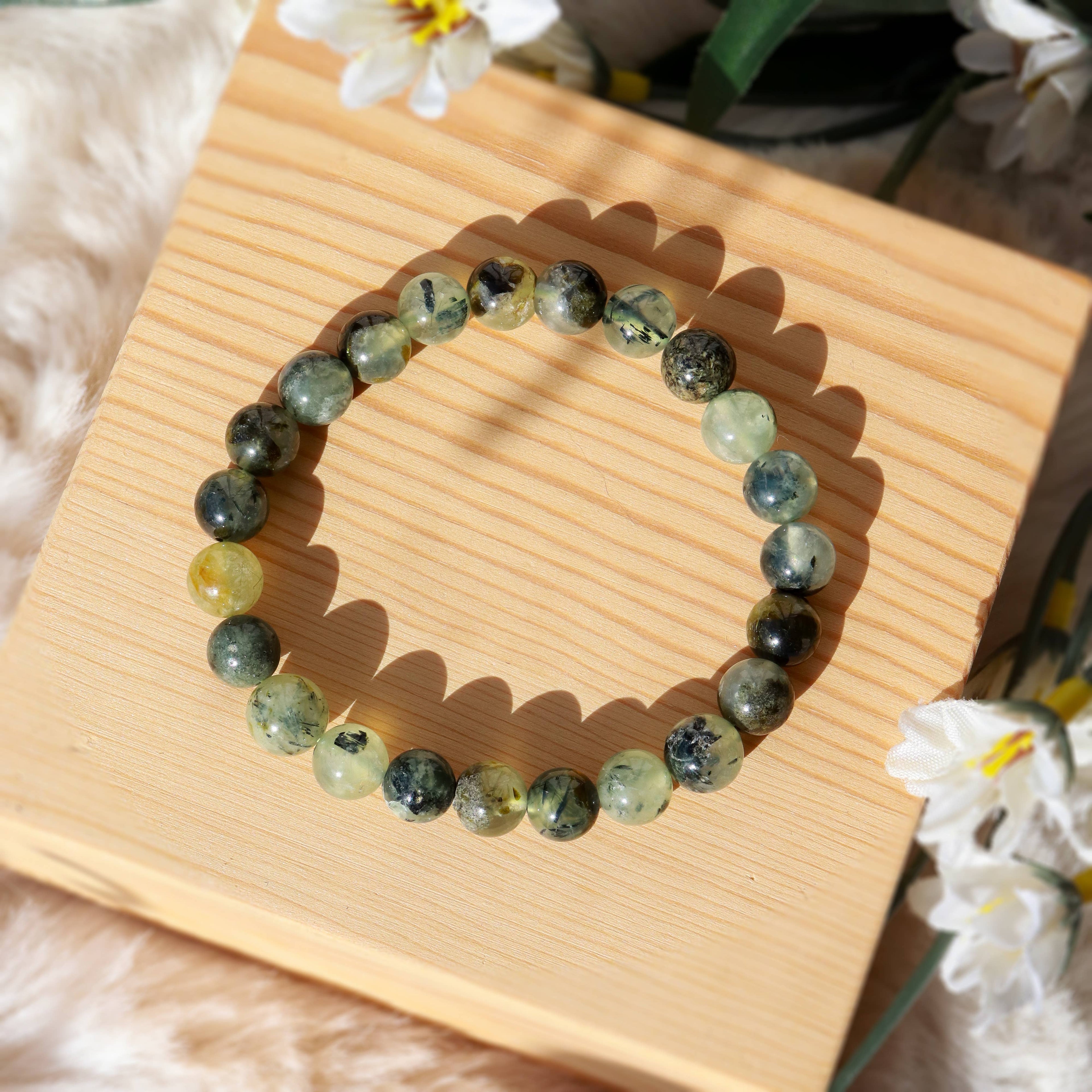 Epidote In Prehnite with Black Tourmaline Beaded Bracelet 8 mm