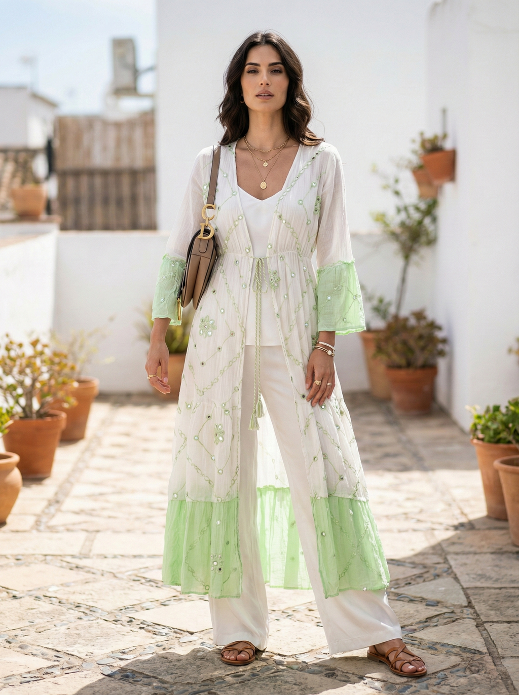 LEANNE LONG KIMONO 100% COTTON, EMBROIDERED WITH SMALL MIRRORS: (PINK - AQUA GREEN - BEIGE) / S/M - M/L