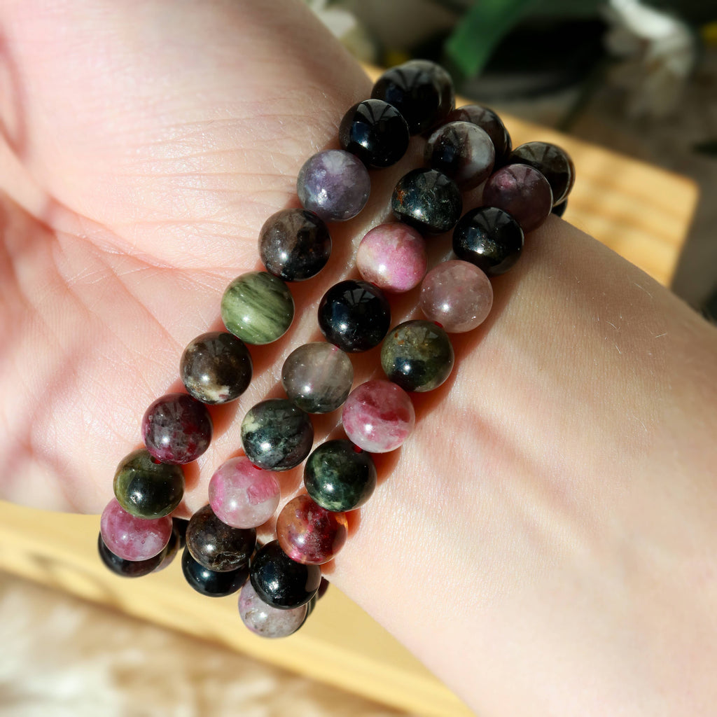 Watermelon Tourmaline Round Beaded Bracelet  8 mm