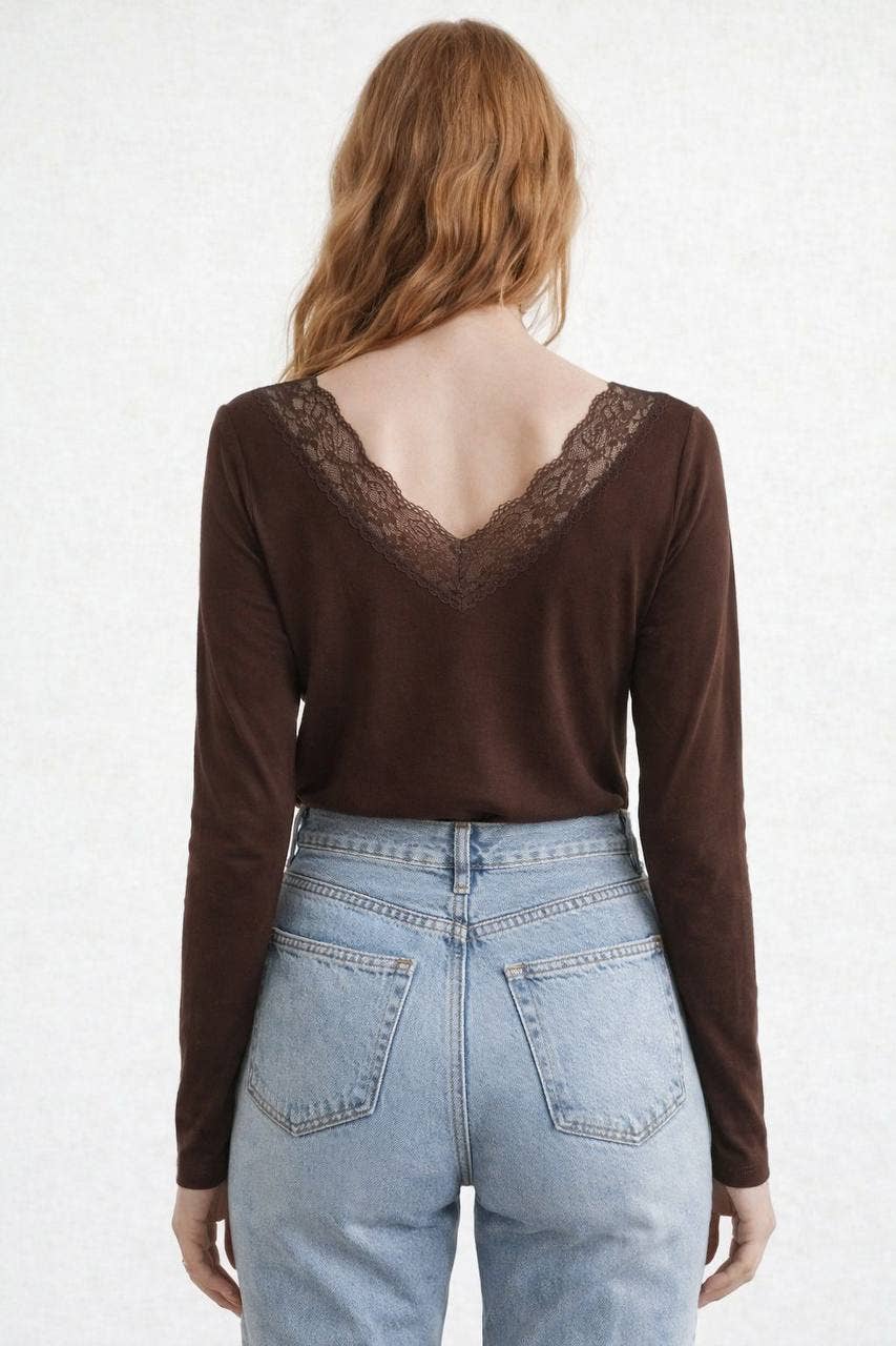 YNA TOP Double V-Neck Lace Trim Tops: Choco Brown