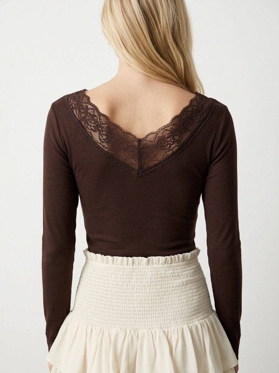 YNA TOP Double V-Neck Lace Trim Tops: Black