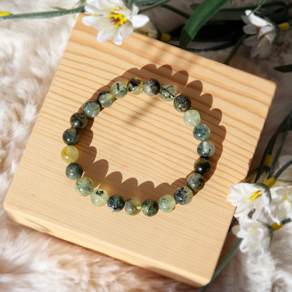 Epidote In Prehnite with Black Tourmaline Beaded Bracelet 8 mm