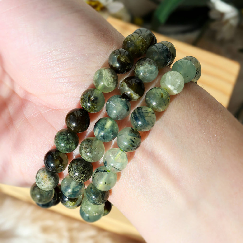 Epidote In Prehnite with Black Tourmaline Beaded Bracelet 8 mm