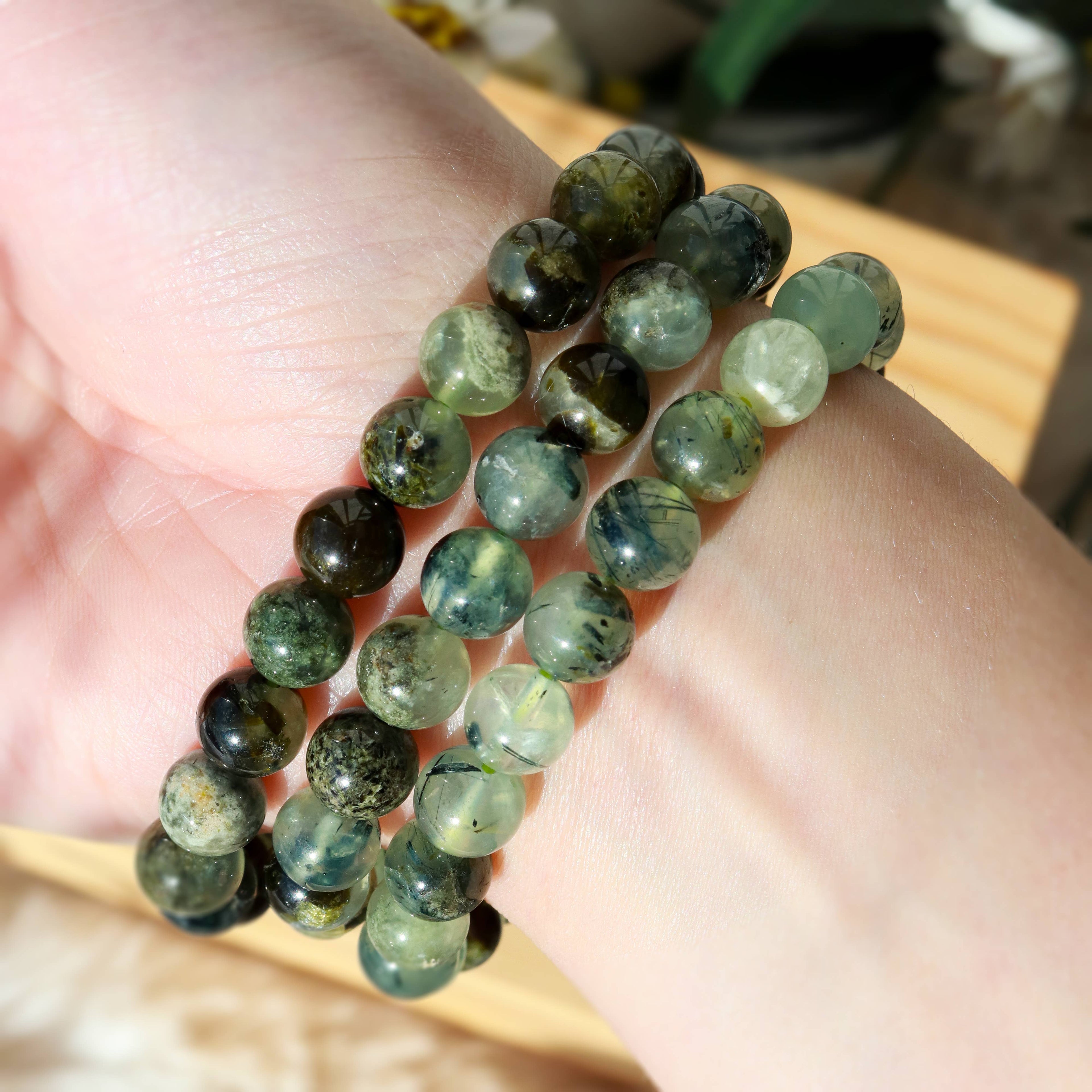 Epidote In Prehnite with Black Tourmaline Beaded Bracelet 8 mm